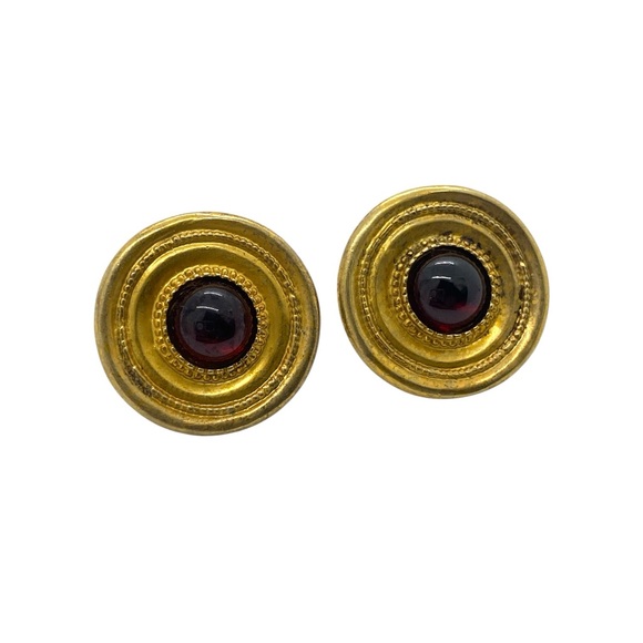 Vintage MMA Etruscan Revival Garnet Cabochon 925 Silver w. Gold Vermeil Earrings - Picture 5 of 11